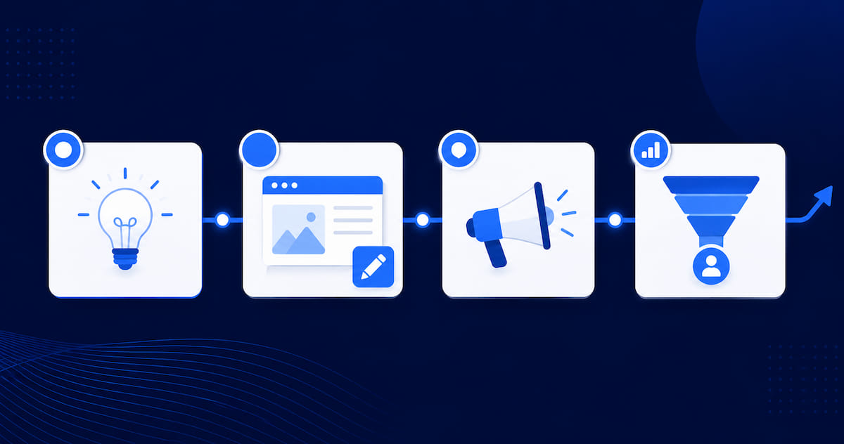 Four-stage social selling workflow connecting idea discovery, content creation, publishing, and pipeline conversion