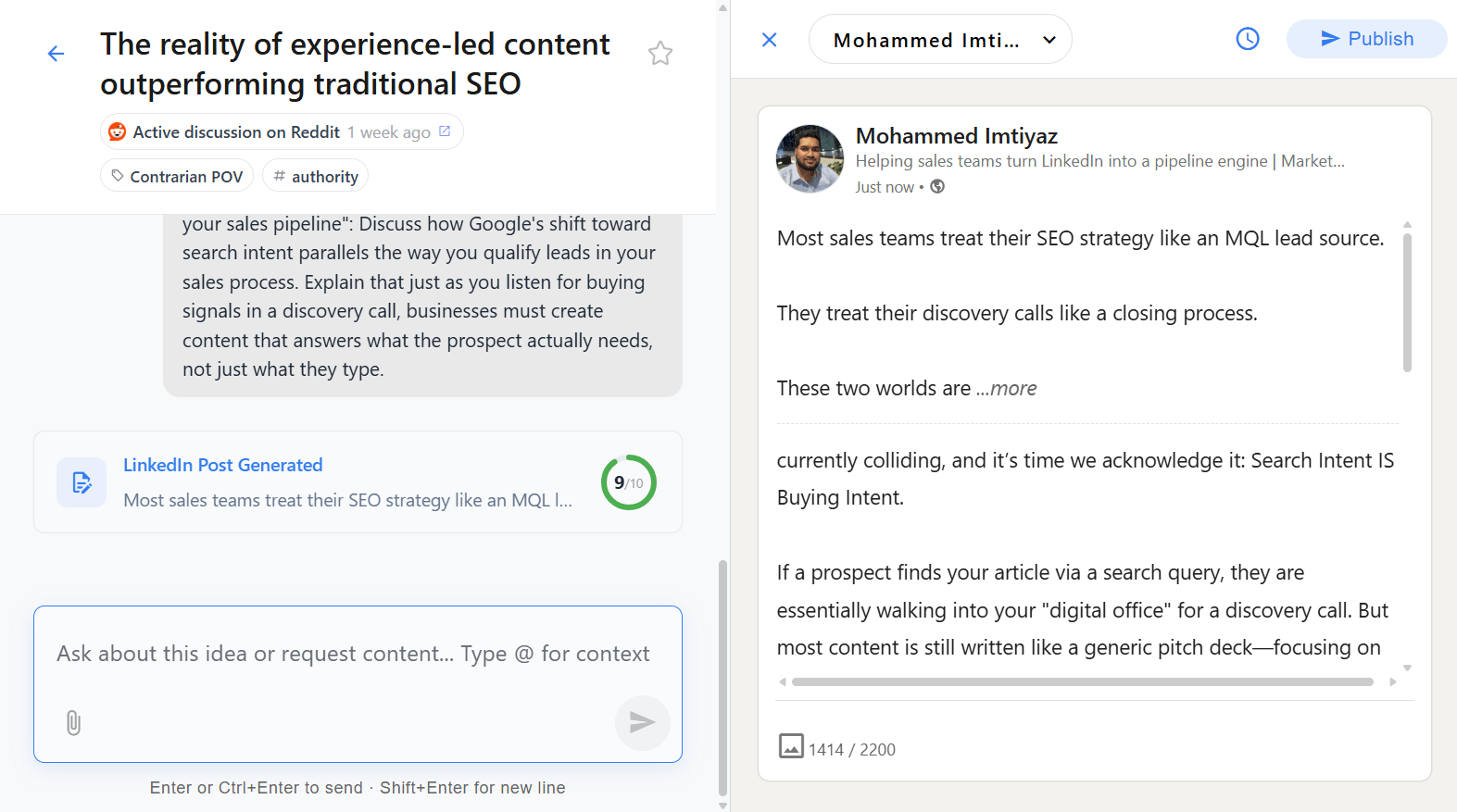 Content editor with AI-assisted drafting grounded in rep experience