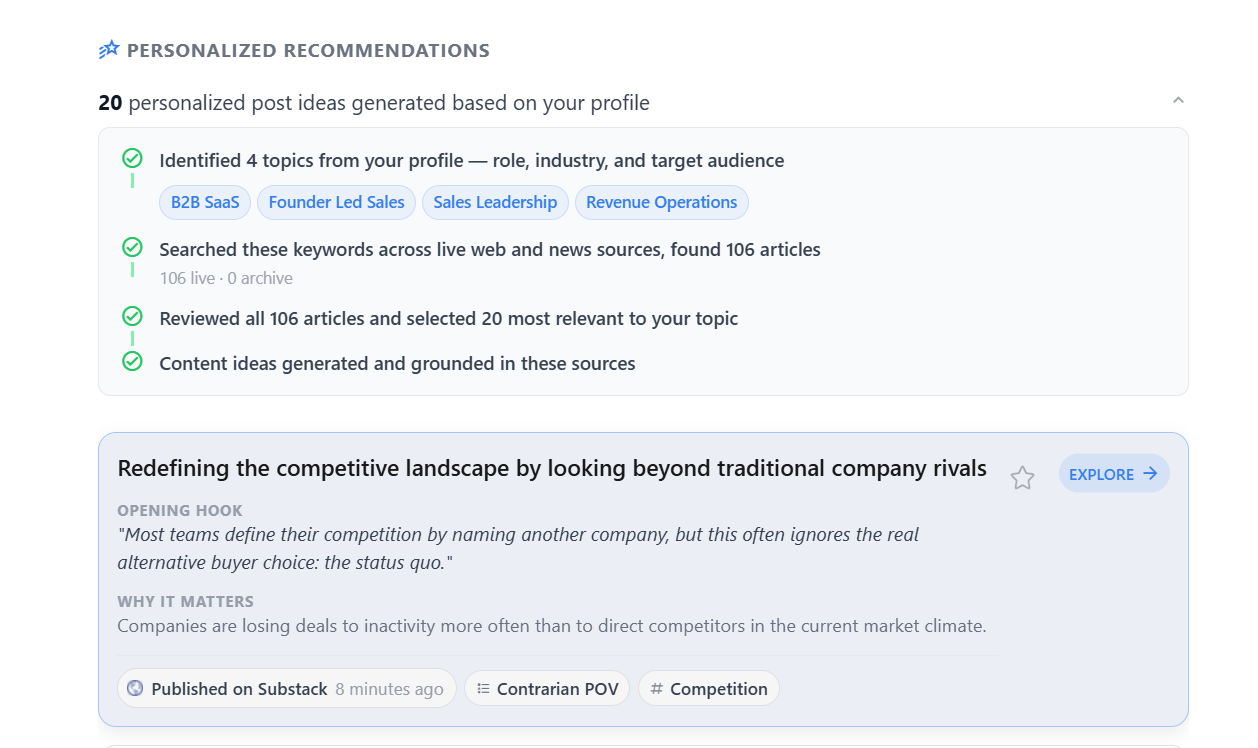 Market intelligence feed showing curated industry conversations